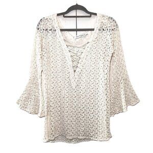 T Bags Crochet Knit Top Womens XS White Lace Up Bell Sleeve Cover Up Boho Resort
